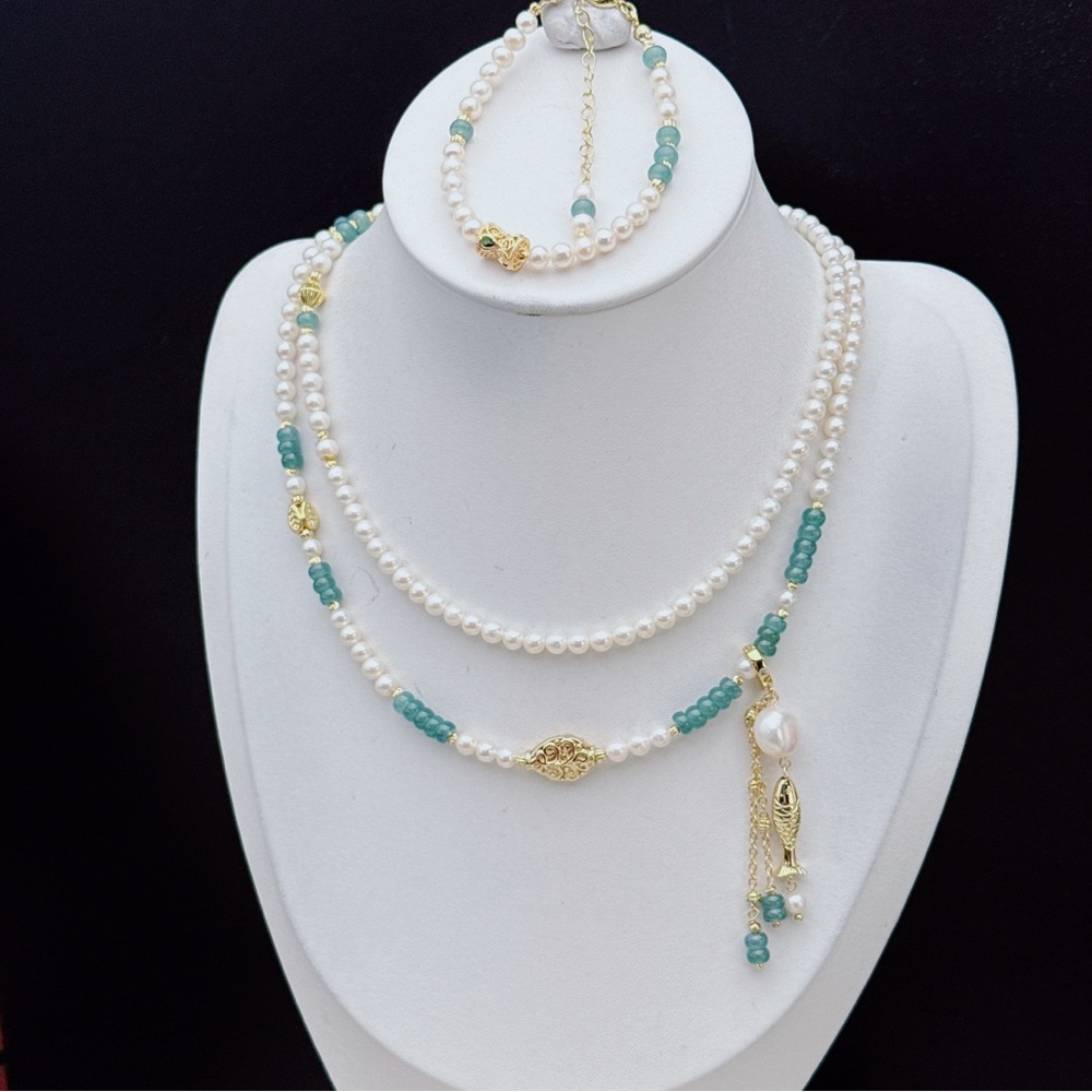 X668 Handmade High Quality Freshwater Pearl Jade Long Necklace and Bracelet Set - Picture 10 of 11